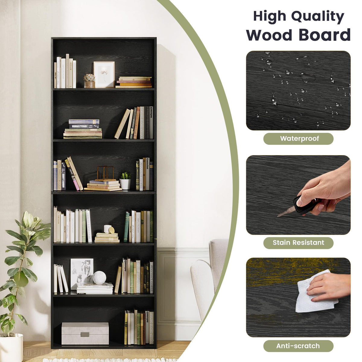71" Tall 6-Tier Black Bookshelf N948780