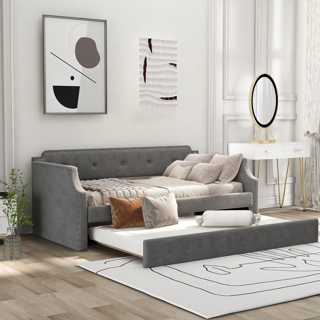 Gray Linen Upholstered Twin Daybed with Trundle V832