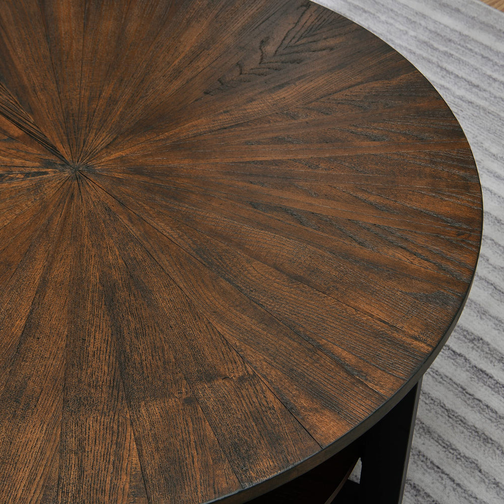 Round Coffee Table with Storage Shelf, Black Metal Legs, 35.3''D x 17.8''H L5082