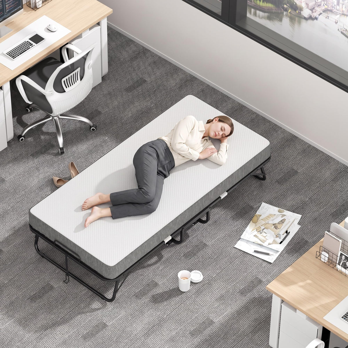Folding Bed with Memory Foam Mattress Twin Size Metal Frame B32155