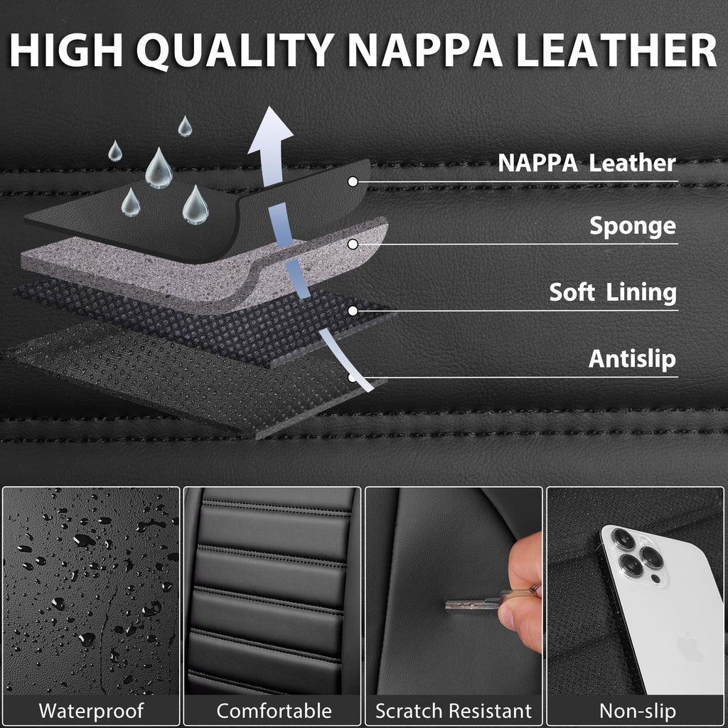 Nappa Leather Car Seat Covers Full Set, Waterproof Anti-Slip, Black O425