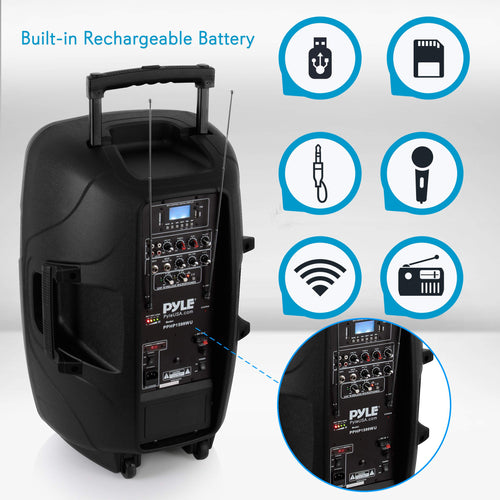 15-inch Portable PA Speaker System with 2 UHF Microphone H6953