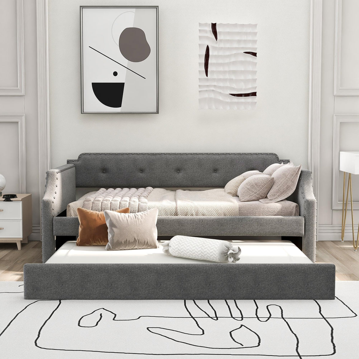 Gray Linen Upholstered Twin Daybed with Trundle V832