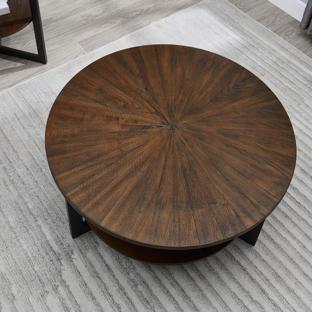 Round Coffee Table with Storage Shelf, Black Metal Legs, 35.3''D x 17.8''H L5082