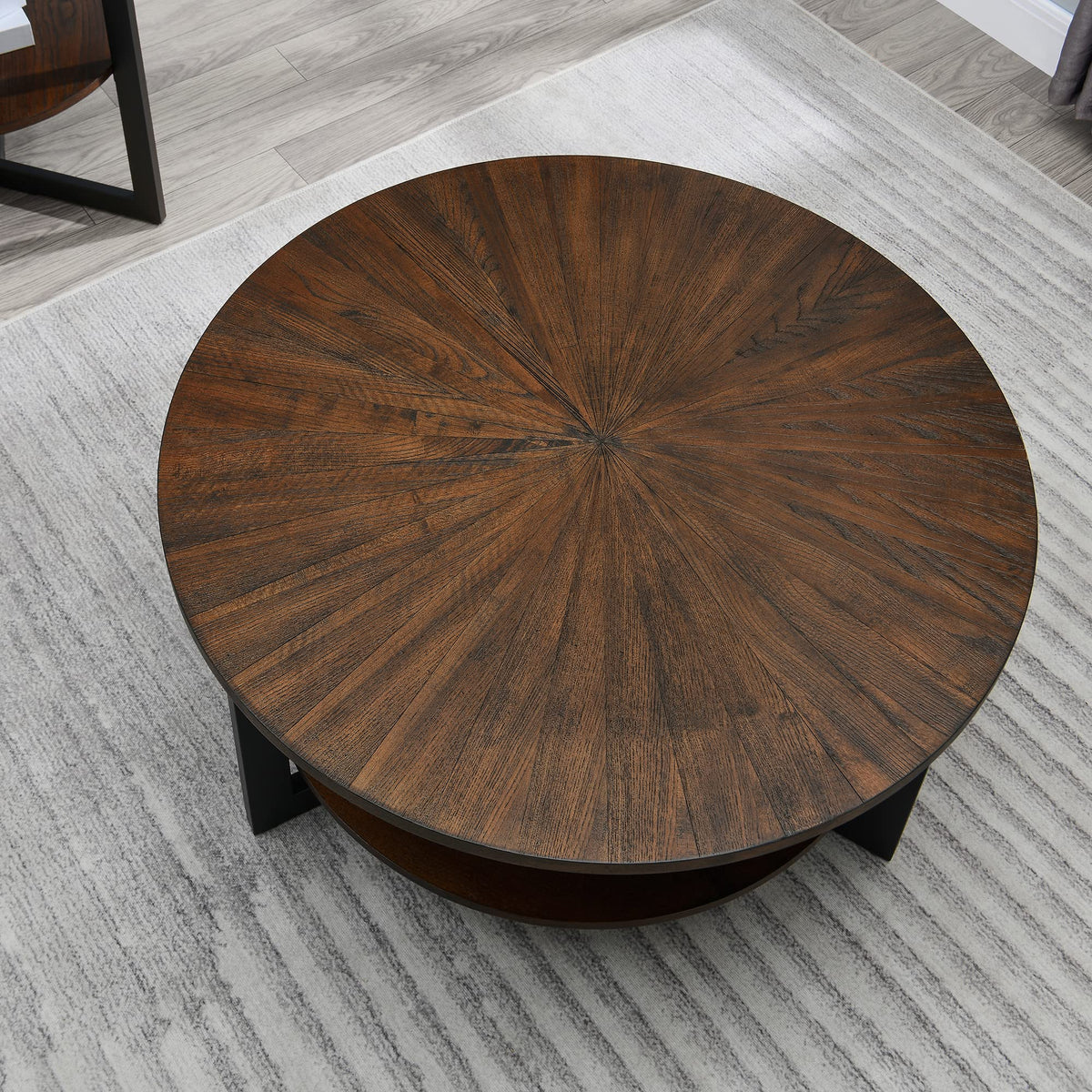 Round Coffee Table with Storage Shelf, Black Metal Legs, 35.3''D x 17.8''H L5082